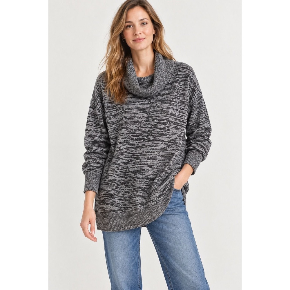 Gap Womens Cowl Neck Sweater M Black White Marled Space Dye Knit Pullover Top